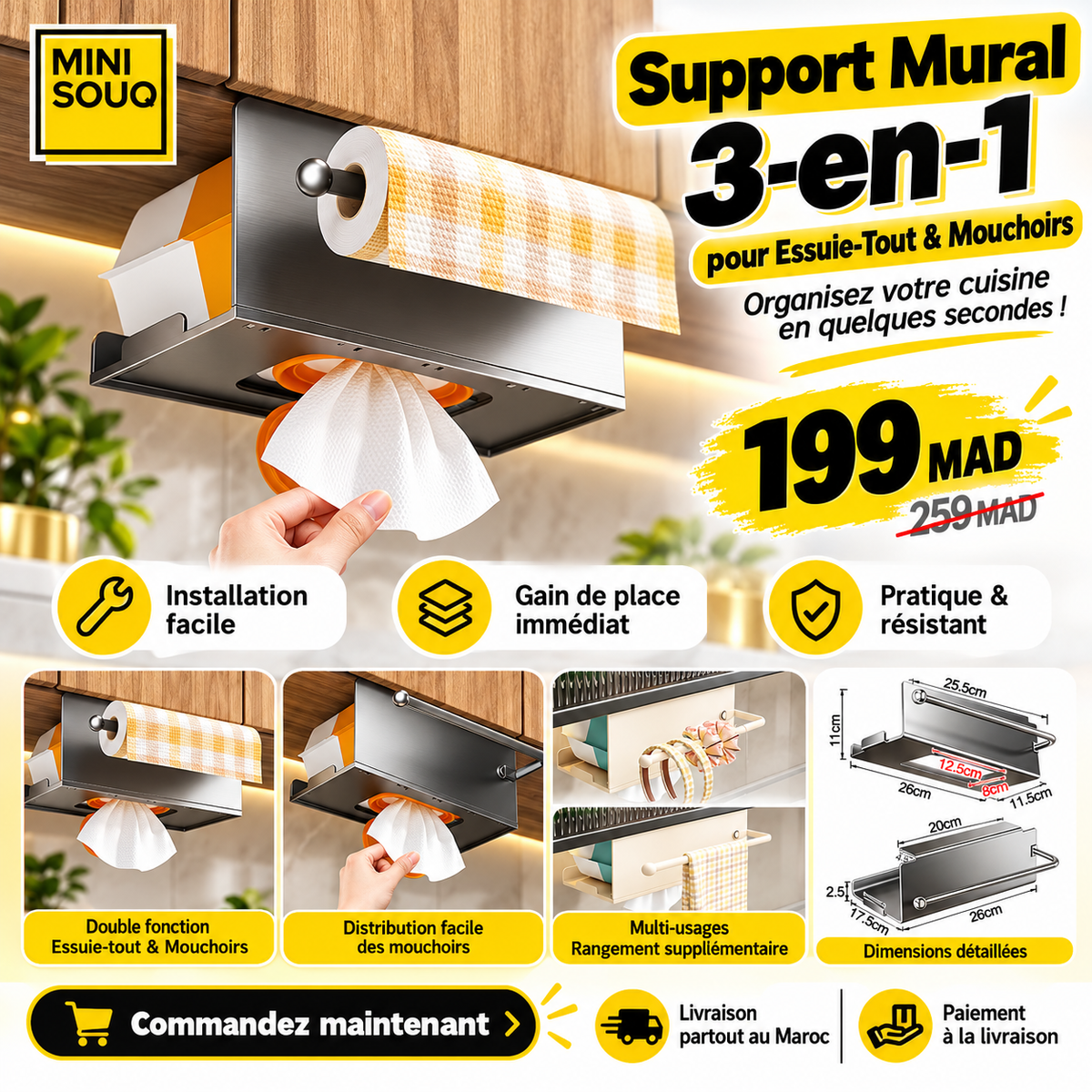 Support Mural 3-en-1 pour Essuie-Tout & Mouchoirs
