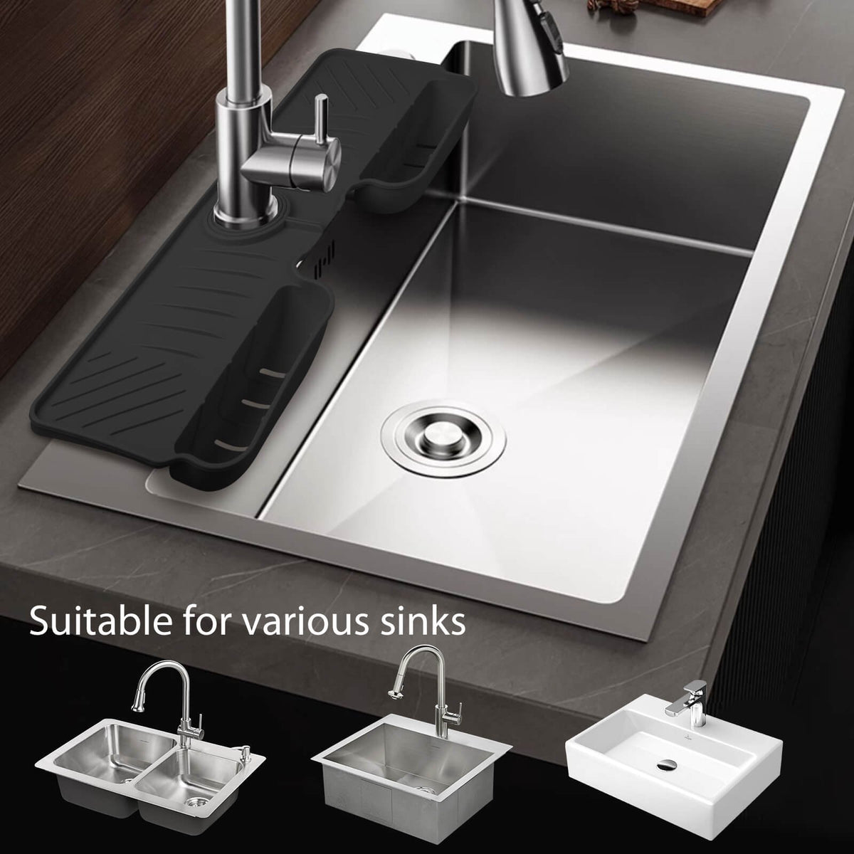 Tapis Égouttoir en Silicone pour Robinet avec 2 Porte-Éponges