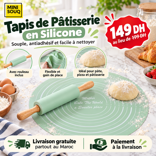 Kit Pâtisserie 2-en-1 – Tapis Silicone Antiadhésif + Rouleau à Pâtisserie.