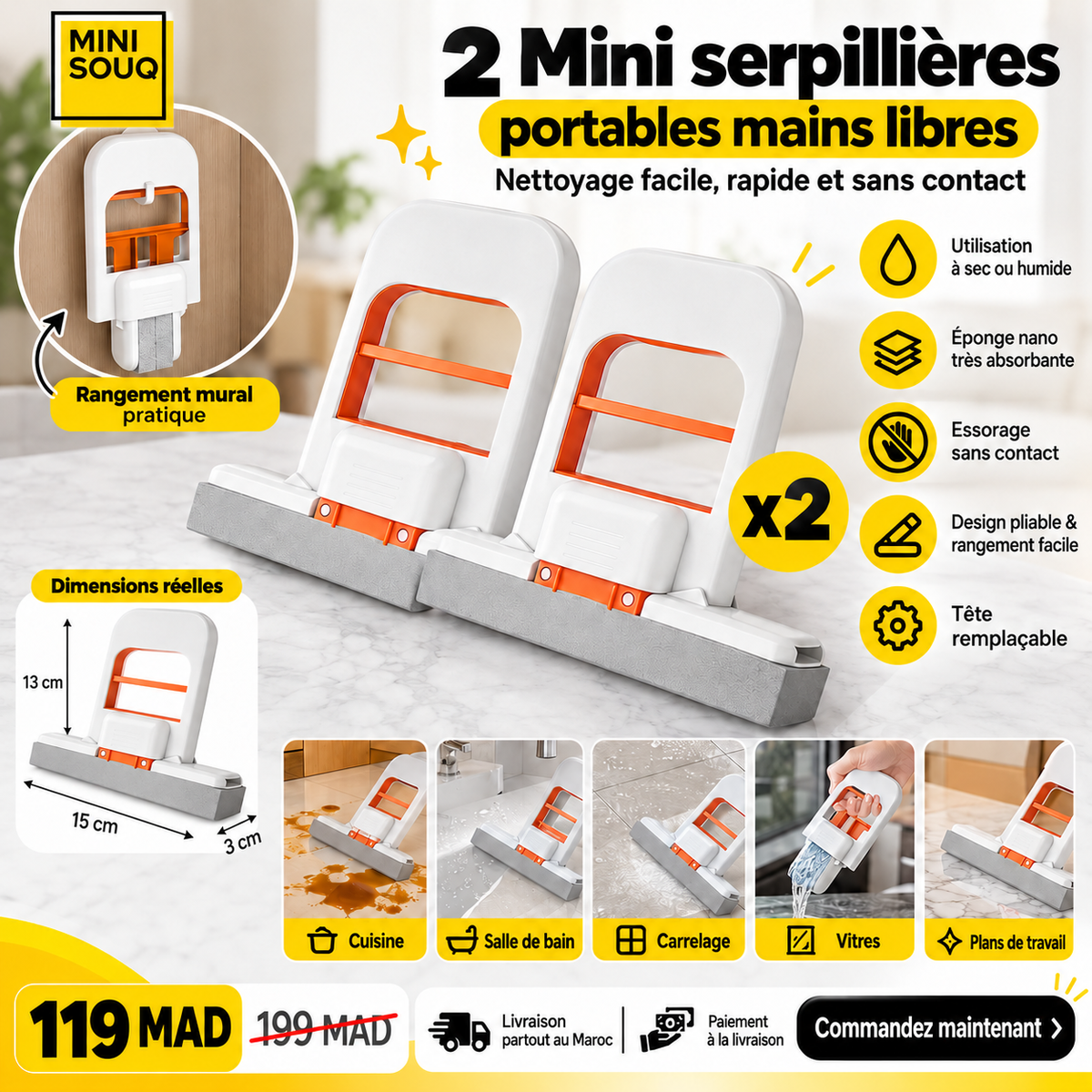 2 Mini serpillière portable mains libres pour un nettoyage facile