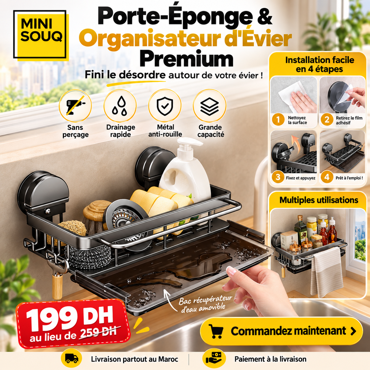 Porte-Éponge & Organisateur d'Évier Premium