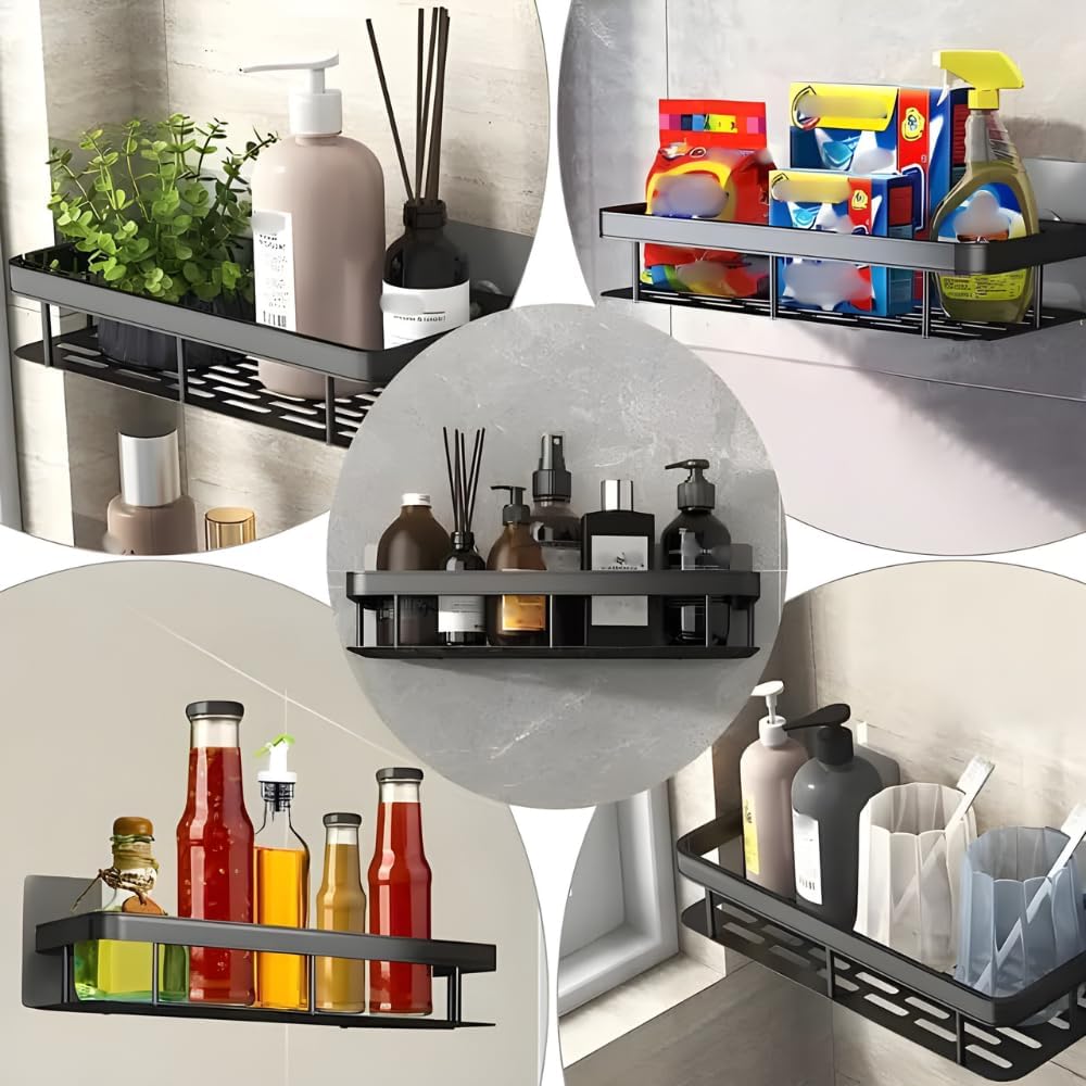 2 Étagères Murale Adhésive en Aluminium – Organisation Sans Perçage pour Cuisine & Salle de Bain
