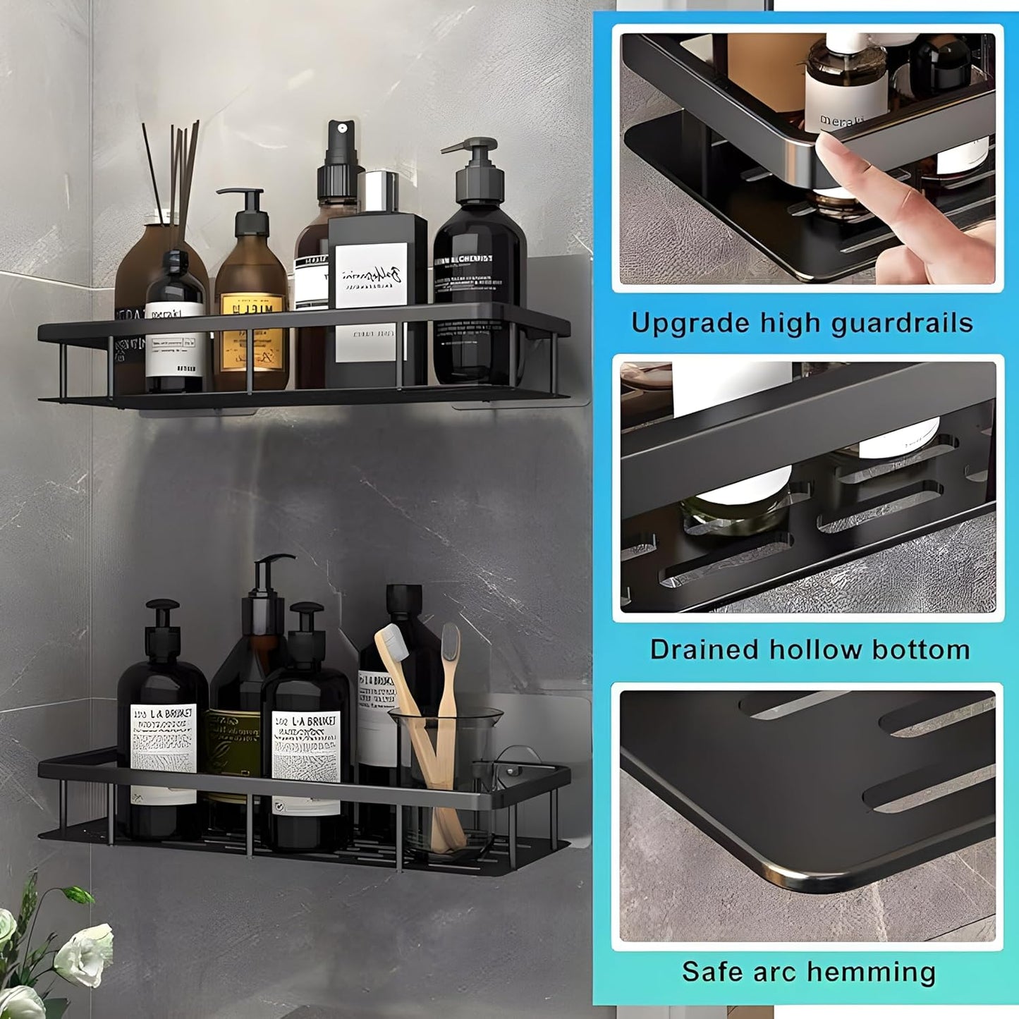 2 Étagères Murale Adhésive en Aluminium – Organisation Sans Perçage pour Cuisine & Salle de Bain