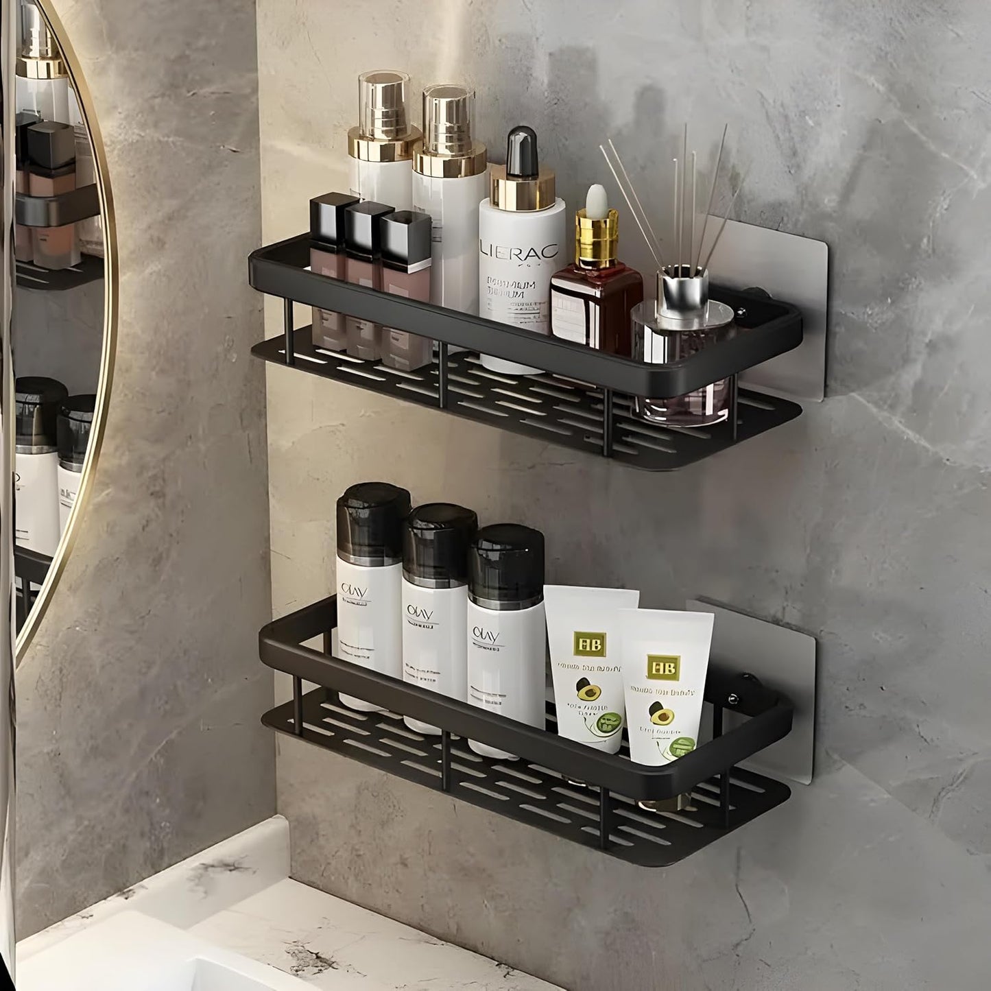 2 Étagères Murale Adhésive en Aluminium – Organisation Sans Perçage pour Cuisine & Salle de Bain